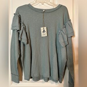 Faded Blue washed cotton slub knit ruffle top